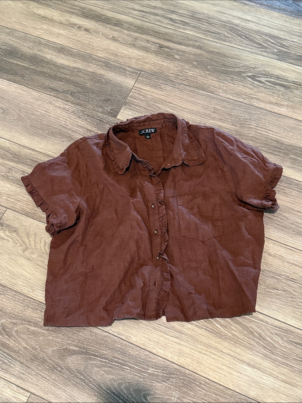 J. Crew Chestnut Brown Short-Sleeve Ruffle Button-Down Shirt